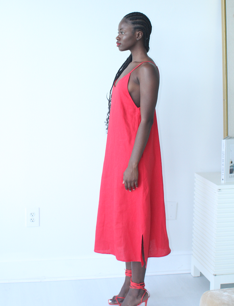 Red linen Spaghetti Strap Dress