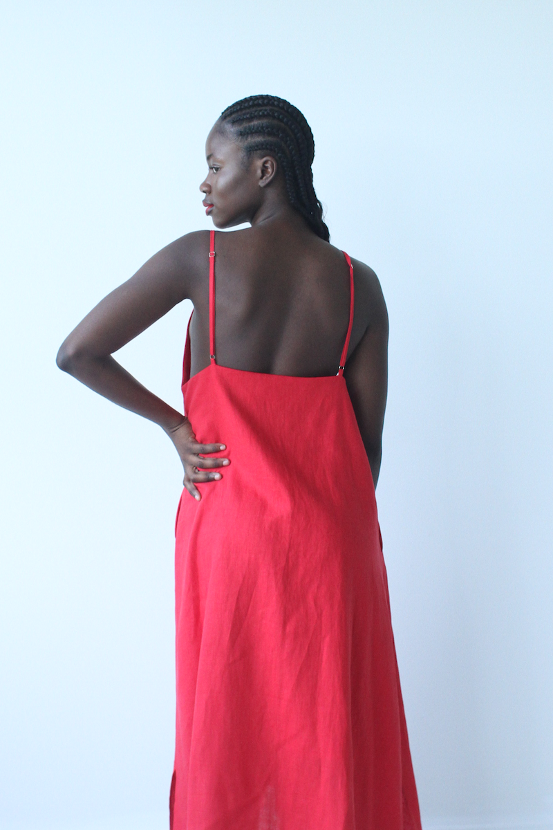 Red linen Spaghetti Strap Dress