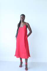 Red linen Spaghetti Strap Dress