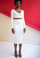 Cream Cotton Ribbed Knit Skirt Set