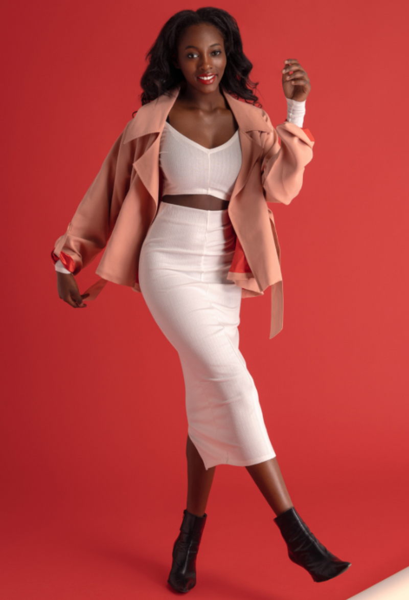 Cream Cotton Ribbed Knit Skirt Set